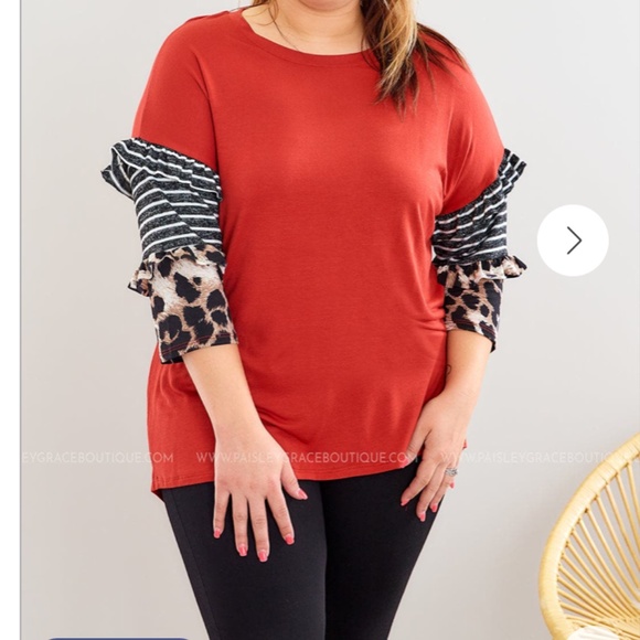 Celeste Tops - Solid Body with Leopard and Striped Sleeves Top